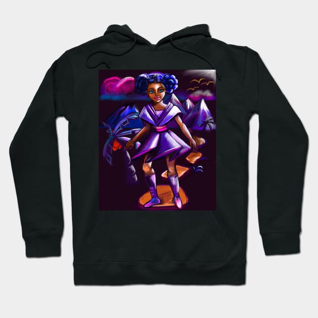 Anime girl with two puffs and lighting 2. Black afro anime girl in purple space fantasy scene ! beautiful  black girl with Braided hair, blue eyes, Cherry pink lips and dark brown skin. Hair love ! Hoodie by Artonmytee